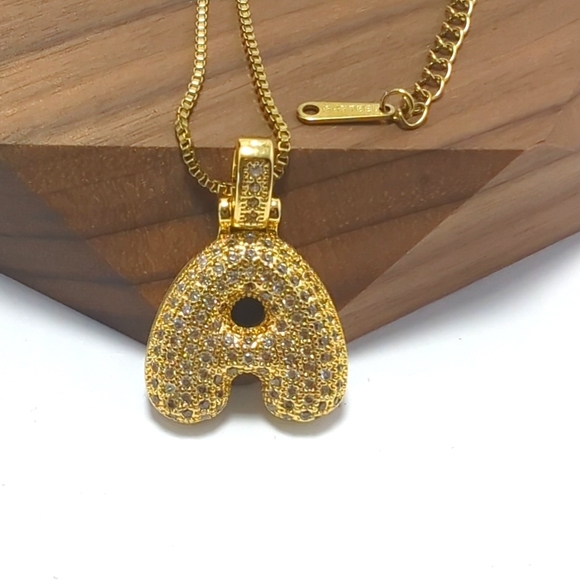 Pendant Bubble Letter Initial "A" Necklace w/Box Chain - Picture 3 of 11